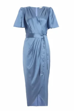 Wrap Dresses|Midi Dresses*Quiz Satin Wrap Ruched Midi Dress Blue