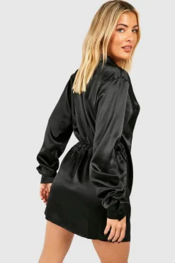 Shirt Dresses|Wrap Dresses*boohoo Satin Wrap Shirt Dress black