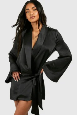 Shirt Dresses|Wrap Dresses*boohoo Satin Wrap Shirt Dress black