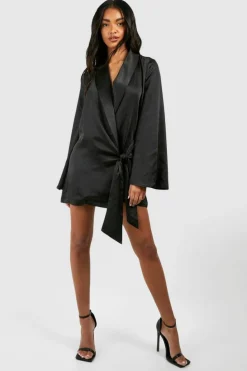 Shirt Dresses|Wrap Dresses*boohoo Satin Wrap Shirt Dress black