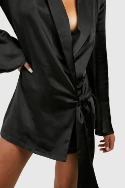 Shirt Dresses|Wrap Dresses*boohoo Satin Wrap Shirt Dress black