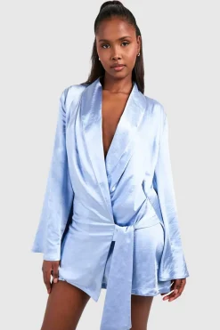 Shirt Dresses|Wrap Dresses*boohoo Satin Wrap Shirt Dress blue