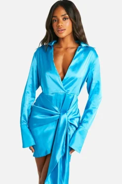 Shirt Dresses|Wrap Dresses*boohoo Satin Wrap Skirt Shirt Dress turquoise