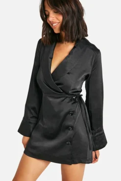 Wrap Dresses|Mini Dresses*boohoo Satin Wrap Tie Mini Dress black
