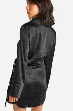 Wrap Dresses|Mini Dresses*boohoo Satin Wrap Tie Mini Dress black