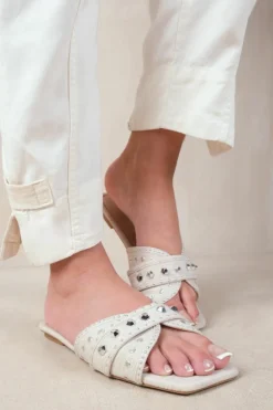 Sandals*Where's That From Saturn' Double Cross Over Strap Flat Sandals With Stud Details Nude