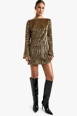 Mini Dresses|Long Sleeve Dresses*boohoo Scoop Back Flare Sleeve Mini Dress gold