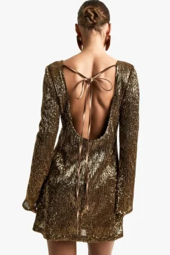 Mini Dresses|Long Sleeve Dresses*boohoo Scoop Back Flare Sleeve Mini Dress gold