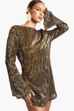 Mini Dresses|Long Sleeve Dresses*boohoo Scoop Back Flare Sleeve Mini Dress gold