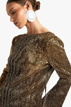 Mini Dresses|Long Sleeve Dresses*boohoo Scoop Back Flare Sleeve Mini Dress gold