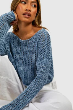 Knitted Tops*boohoo Scoop Neck Knit Long Sleeve Top blue