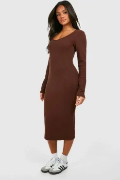 Midi Dresses*boohoo Scoop Neck Long Sleeve Rib Midi Dress chocolate
