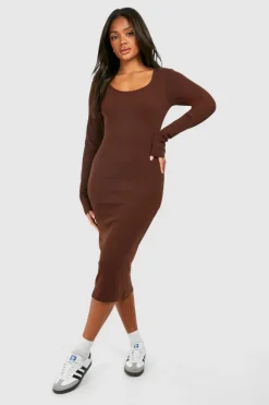 Midi Dresses*boohoo Scoop Neck Long Sleeve Rib Midi Dress chocolate
