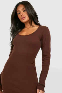 Midi Dresses*boohoo Scoop Neck Long Sleeve Rib Midi Dress chocolate