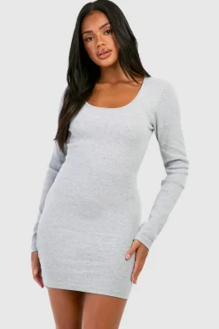 Bodycon Dresses*boohoo Scoop Neck Long Sleeve Rib Mini Dress grey marl