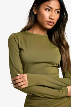 Long Sleeve Tops*boohoo Sculpting Slinky Crew Neck Long Sleeve Top khaki