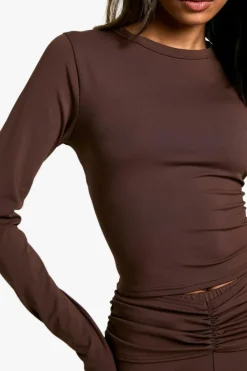 Long Sleeve Tops*boohoo Sculpting Slinky Crew Neck Long Sleeve Top chocolate