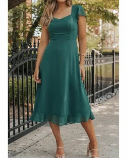 Midi Dresses*Azura Exchange Sea Green Shirred Open Back Sweetheart Neck Ruffled Midi Dress Multi