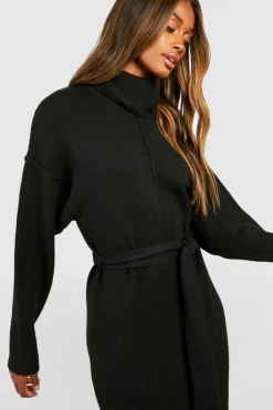 Jumper Dresses|Jumper Dresses*boohoo Seam Detail Belted Roll Neck Soft Knit Midaxi Jumper Dress black