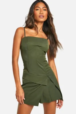 Skater Dresses*boohoo Seam Detail Pleated Skirt Mini Dress khaki