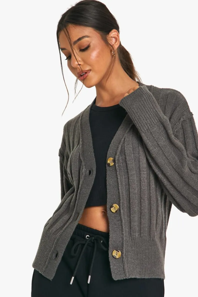 Cardigans|Knitwear*boohoo Seam Detail Soft Rib Knit Boyfriend Cardigan charcoal