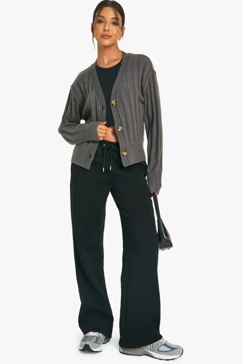 Cardigans|Knitwear*boohoo Seam Detail Soft Rib Knit Boyfriend Cardigan charcoal