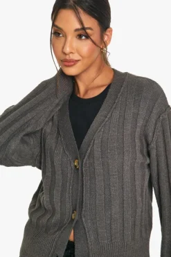Cardigans|Knitwear*boohoo Seam Detail Soft Rib Knit Boyfriend Cardigan charcoal