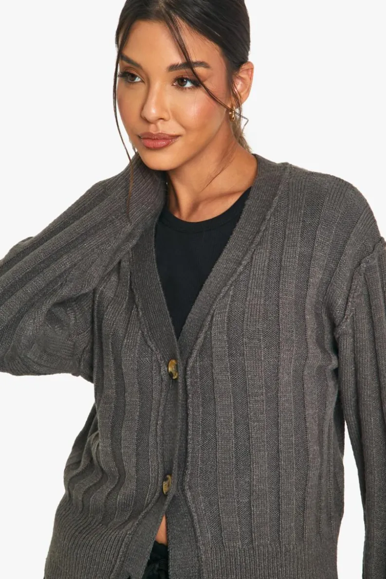 Cardigans|Knitwear*boohoo Seam Detail Soft Rib Knit Boyfriend Cardigan charcoal