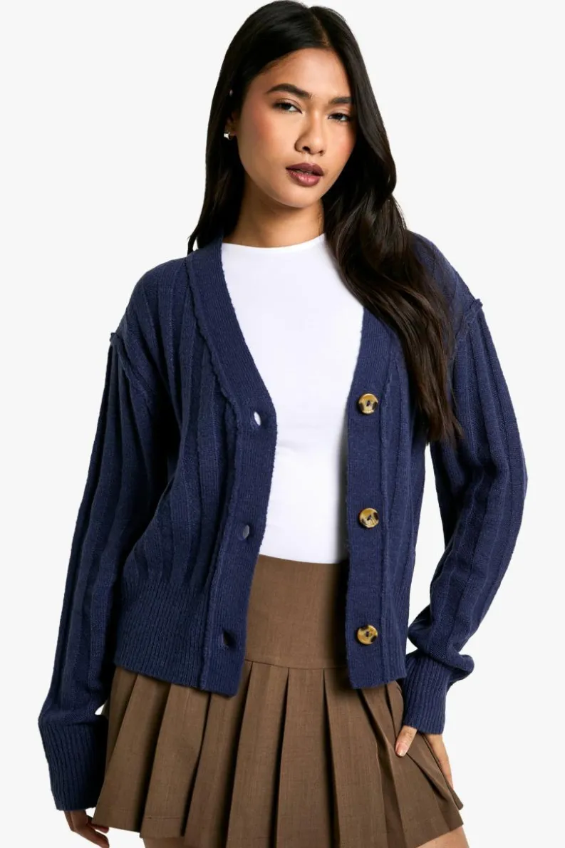 Cardigans|Knitwear*boohoo Seam Detail Soft Rib Knit Boyfriend Cardigan navy