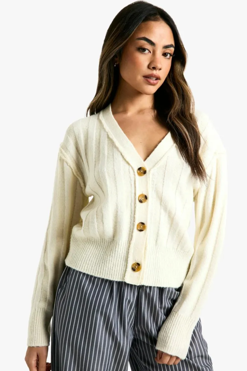 Cardigans|Knitwear*boohoo Seam Detail Soft Rib Knit Boyfriend Cardigan off white