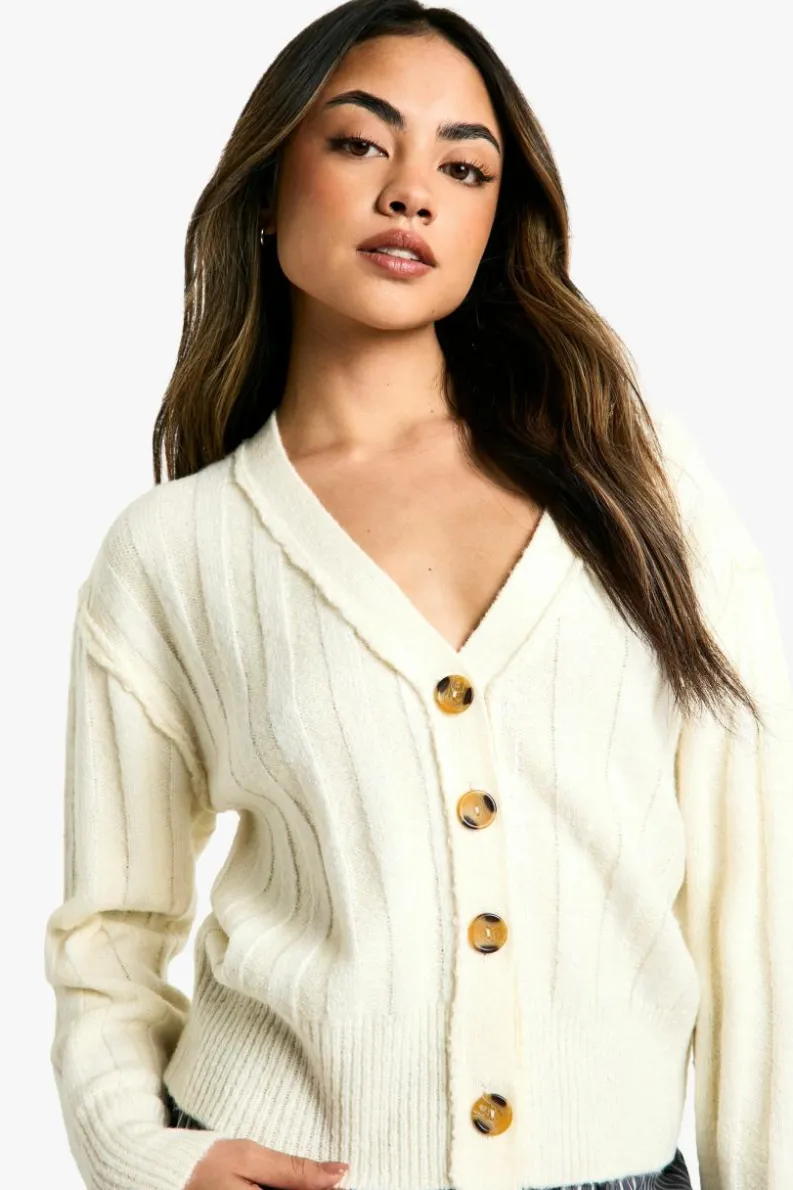 Cardigans|Knitwear*boohoo Seam Detail Soft Rib Knit Boyfriend Cardigan off white