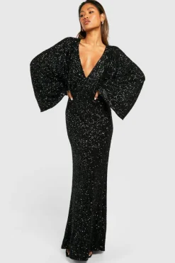 Maxi Dresses*boohoo Sequin Angel Sleeve Maxi Dress black