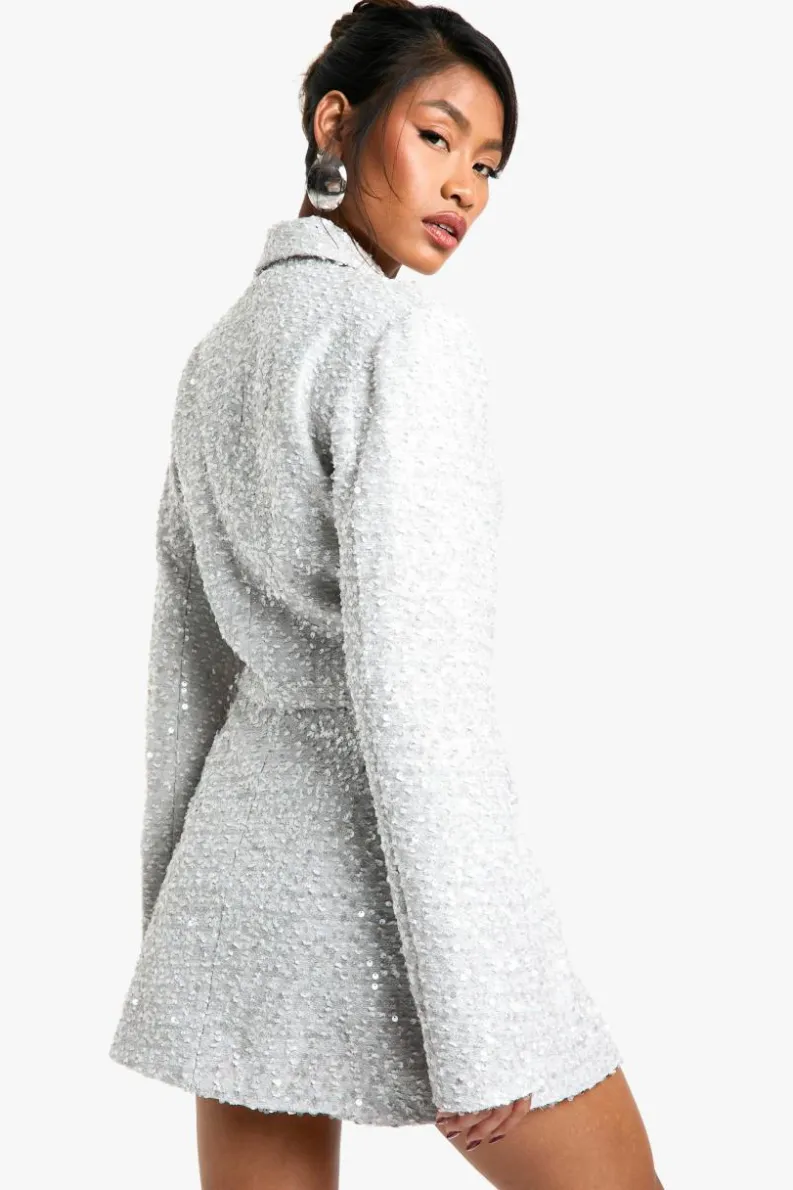 Blazer Dresses|Mini Dresses*boohoo Sequin Boucle Cinched Blazer Dress grey