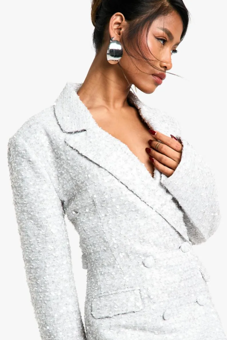 Blazer Dresses|Mini Dresses*boohoo Sequin Boucle Cinched Blazer Dress grey