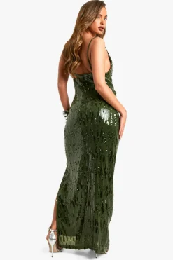 Maxi Dresses|Dresses*boohoo Sequin Cowl Neck Maxi Slip Dress olive
