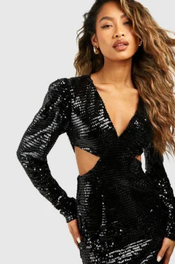 Midi Dresses*boohoo Sequin Cut Out Puff Sleeve Midi Dress black