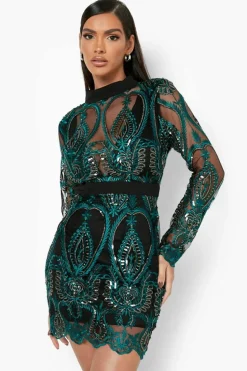 Bodycon Dresses|Mini Dresses*boohoo Sequin Damask Mini Dress green