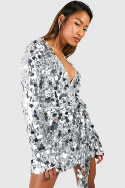 Wrap Dresses*boohoo Sequin Disc Wrap Dress silver