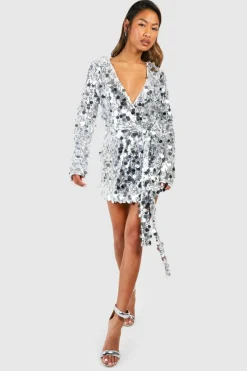 Wrap Dresses*boohoo Sequin Disc Wrap Dress silver