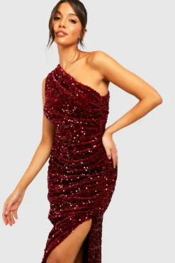 Maxi Dresses|Long Sleeve Dresses*boohoo Sequin Drape One Shoulder Maxi Party Dress wine