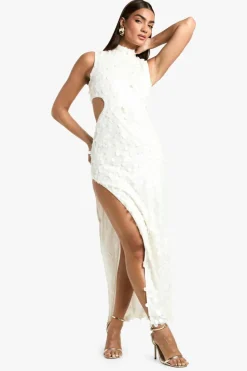 Maxi Dresses*boohoo Sequin High Neck Cut Out Split Leg Maxi Dress white