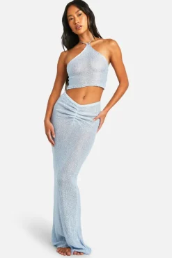 Knitted Co-Ords|Beachwear*boohoo Sequin Knit Top & Maxi Skirt Beach Co-ord baby blue