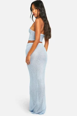 Knitted Co-Ords|Beachwear*boohoo Sequin Knit Top & Maxi Skirt Beach Co-ord baby blue