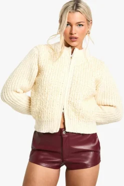 Cardigans|Knitwear*boohoo Sequin Knitted Zip Through Bomber Cardigan cream