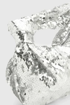 Handbags*boohoo Sequin Knot Detail Grab Bag silver