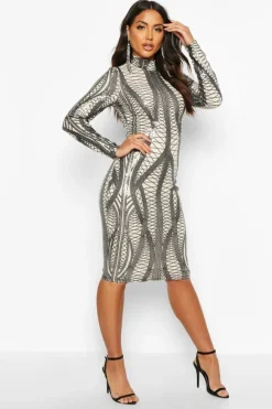 Midi Dresses*boohoo Sequin Long Sleeve High Neck Dress black