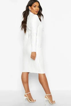 Midi Dresses*boohoo Sequin Long Sleeve High Neck Dress black