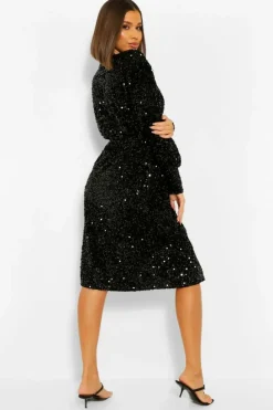 Wrap Dresses|Midi Dresses*boohoo Sequin Long Sleeve Tie Waist Midi Party Dress black