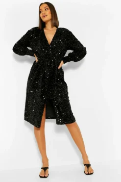 Wrap Dresses|Midi Dresses*boohoo Sequin Long Sleeve Tie Waist Midi Party Dress black