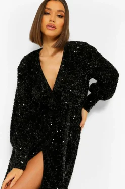 Wrap Dresses|Midi Dresses*boohoo Sequin Long Sleeve Tie Waist Midi Party Dress black
